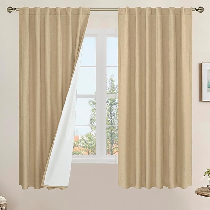 Natural 100% Blackout Linen Bedroom Curtains 63 Inches 2 Panels | Full Room by LAMIT