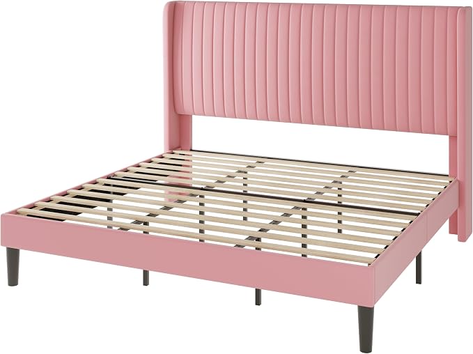 Allewie King Size Velvet Bed Frame/Vertical Channel Tufted Wingback - Image 9