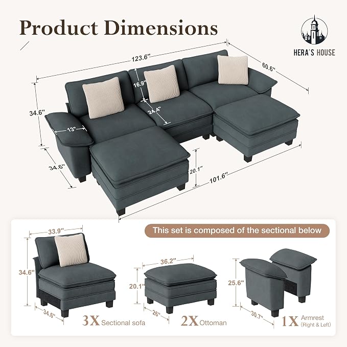 HERA'S HOUSE 124" Modular Sectional Sofa, Oversized U Shaped Couches - Image 2