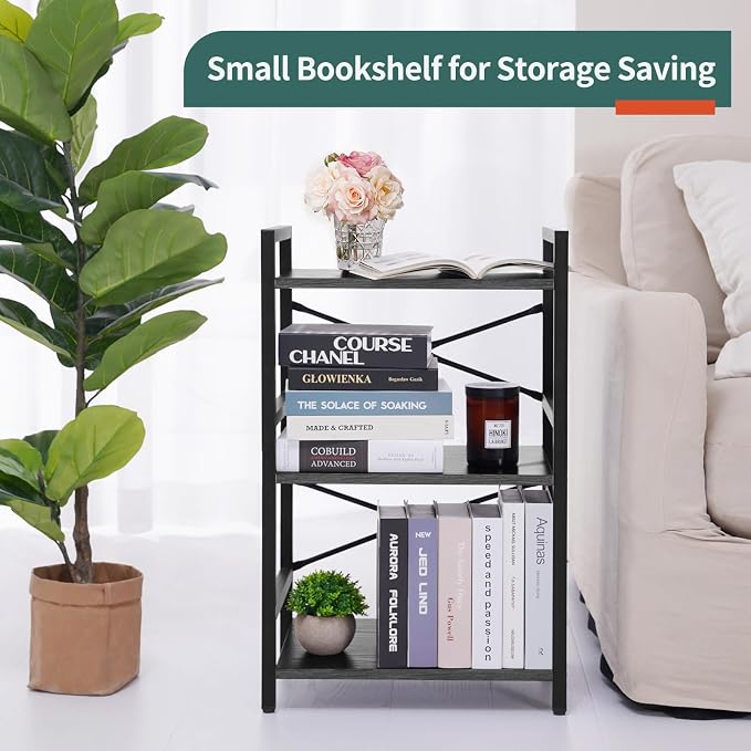 Yoobure Bookshelf Small Book Shelf, Solid Industrial 3 Tier Shelf Bookcase - Image 6