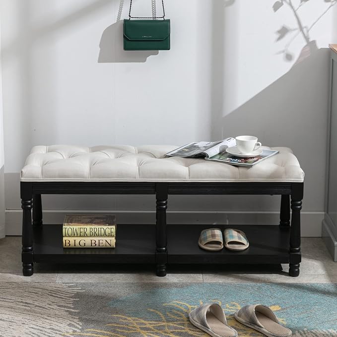 Farmhouse Storage Bench Wooden Entryway Linen Upholstered Ottoman Button Tufted by Janoray