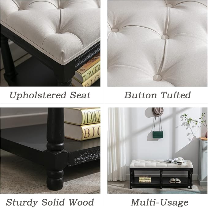 Farmhouse Storage Bench Wooden Entryway Linen Upholstered Ottoman Button Tufted - Image 3