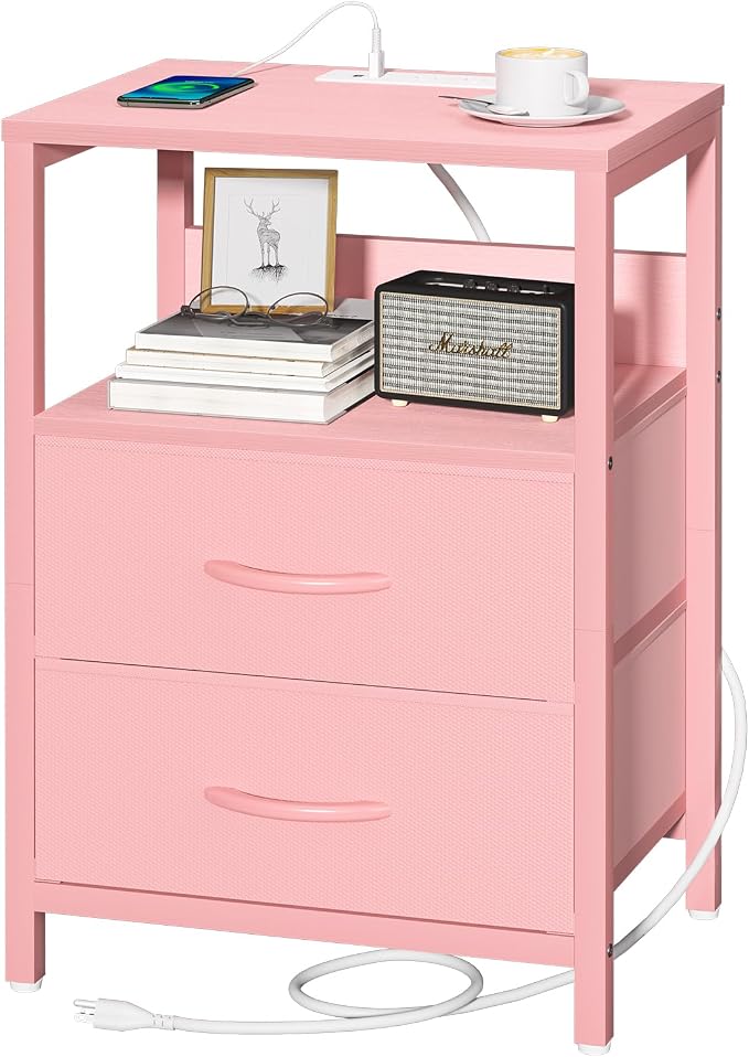 Yoobure Nightstand with Charging Station, Small Night Stand with Fabric Drawers by Yoobure