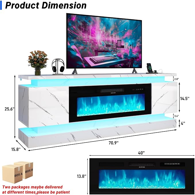 chartustriable 71IN LED TV Stands w/40 inch Fireplace Power Outlet - Image 2