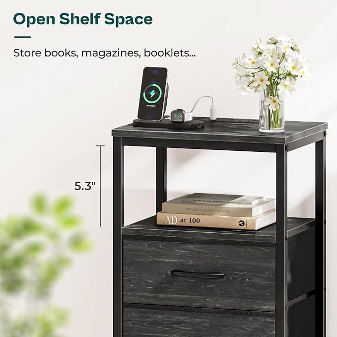 Huuger Nightstand with Charging Station, 27.6 Inch End Table Bedside Table with - Image 7