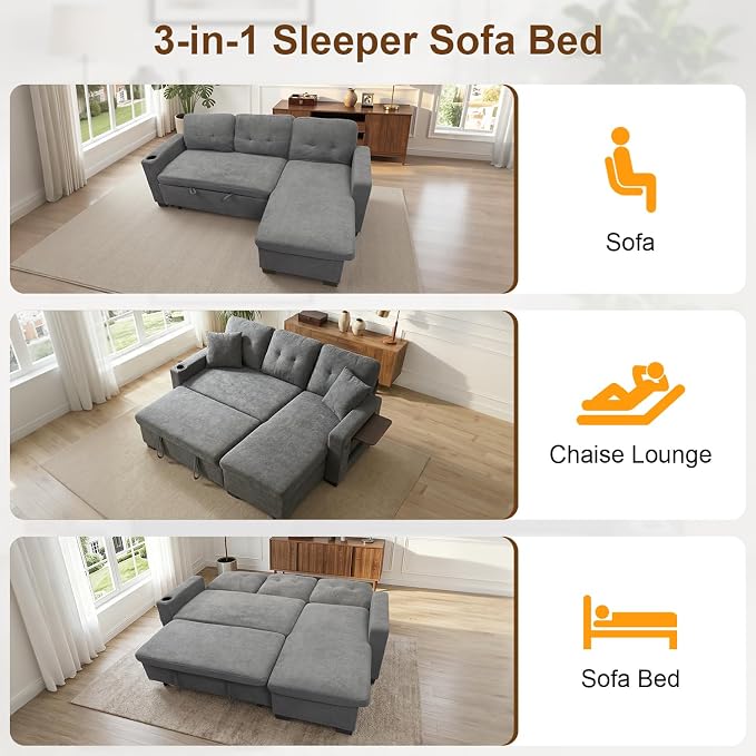 82" L Shaped Sleeper Sofa Bed, Pull Out Sectional Couch - Image 6