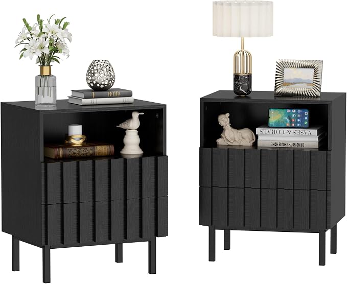 UEV Mid Century Modern Fluted Nightstand Set of 2, 2 Drawers End Table by YourHomeExcellentVendor