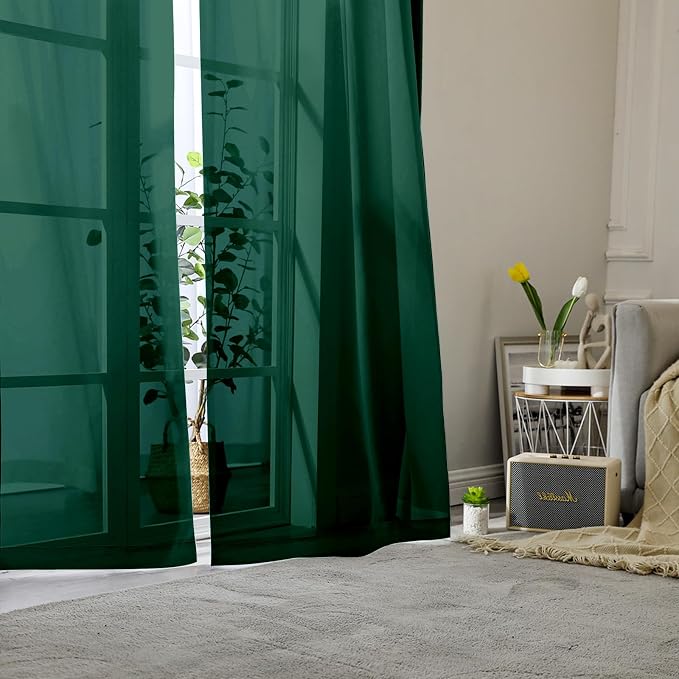 Hunter Green Sheer Curtains 90 Inches Long 2 Panels, Airy Voile Solid Curtains - Image 2
