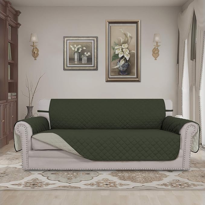 Easy-Going Reversible Couch Cover, 3 Cushion Sofa, Army Green/Beige | X-Large - Image 2