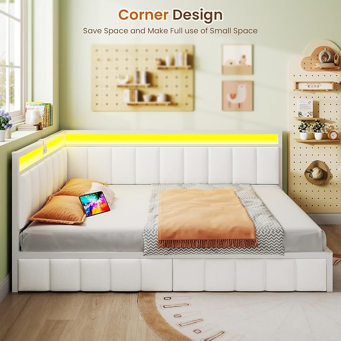 DICTAC Corner Bed Frame with 2 Storage Drawers and Charging Station Full Size - Image 3
