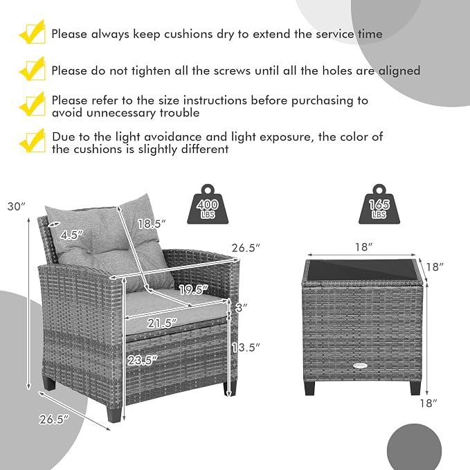 COSTWAY 3-Piece Patio Furniture Set, Outdoor Wicker Rattan Sofa - Image 4
