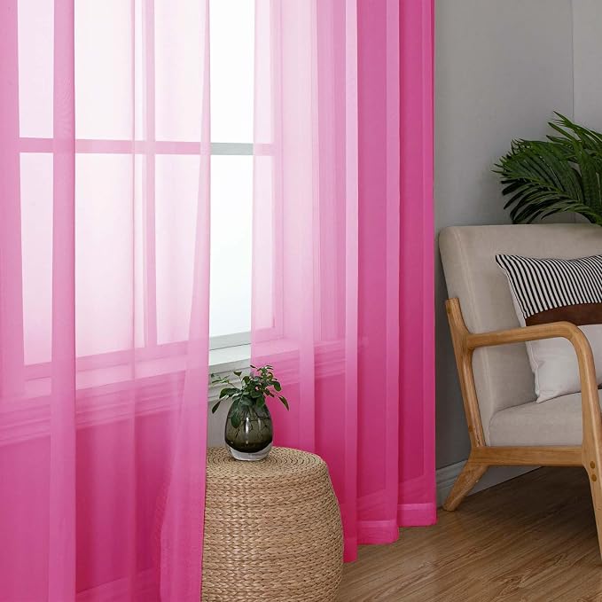 Hot Pink Sheer Curtains 54 Inch Length 2 Pcs, Solid Color Voile Modern - Image 2