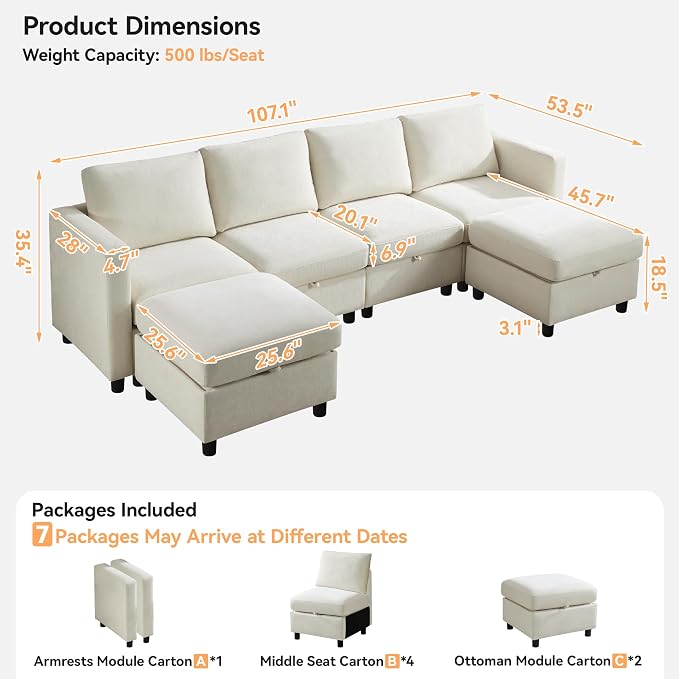 WUTUTUEE 107”Modular Sectional Sofa Convertible U Shaped Sofa Couch Set - Image 2
