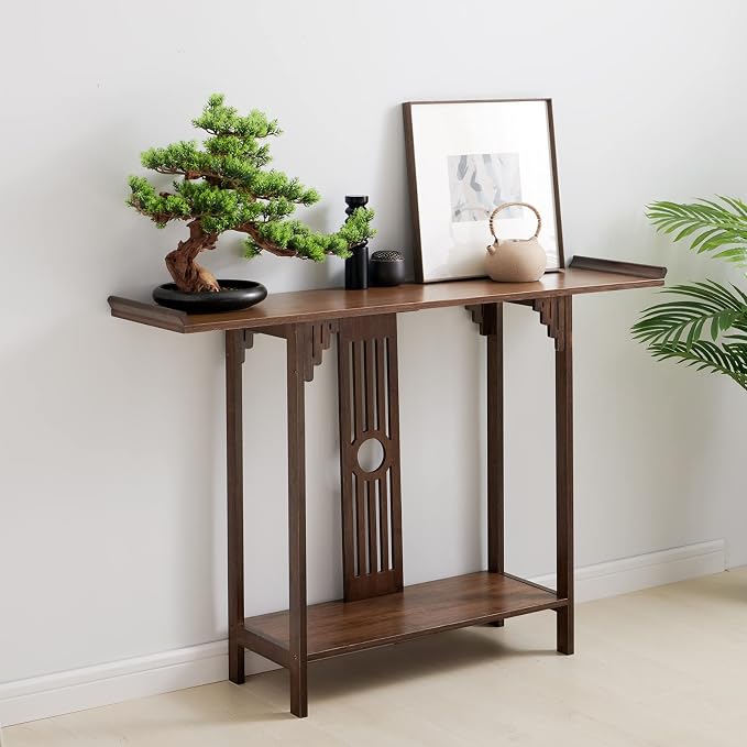 Gdrasuya10 40 inch Walnut Bamboo Console Sofa Table, Vintage Sofa Table Narrow - Image 3