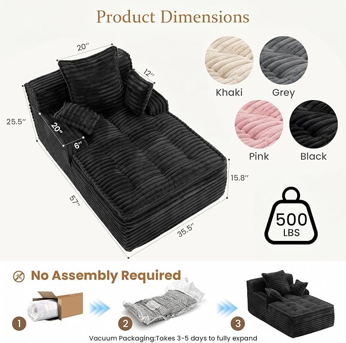 Boneless Chaise Lounge Couch Indoor, Small Corduroy Upholstered Sleeper Sofa - Image 2