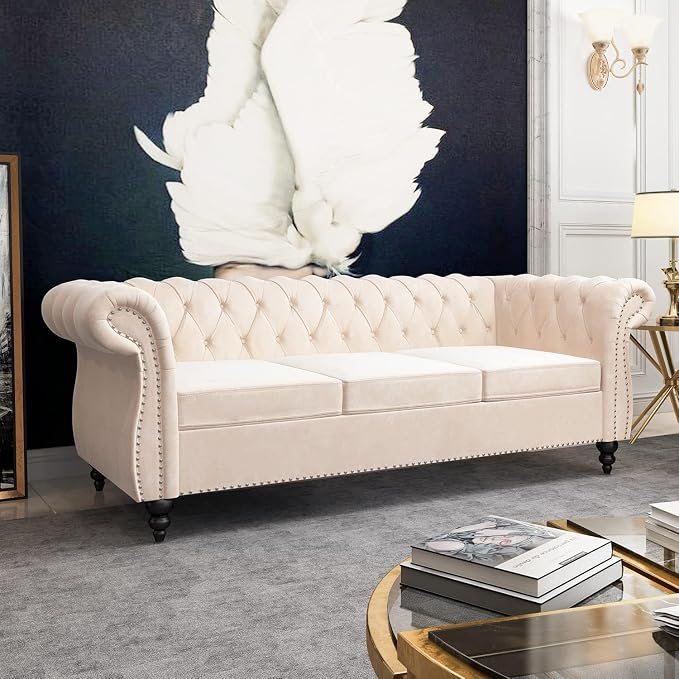 Chesterfield 3 Seater Sofa, Modern Velvet Tufted Couch 3 Seater - Image 4