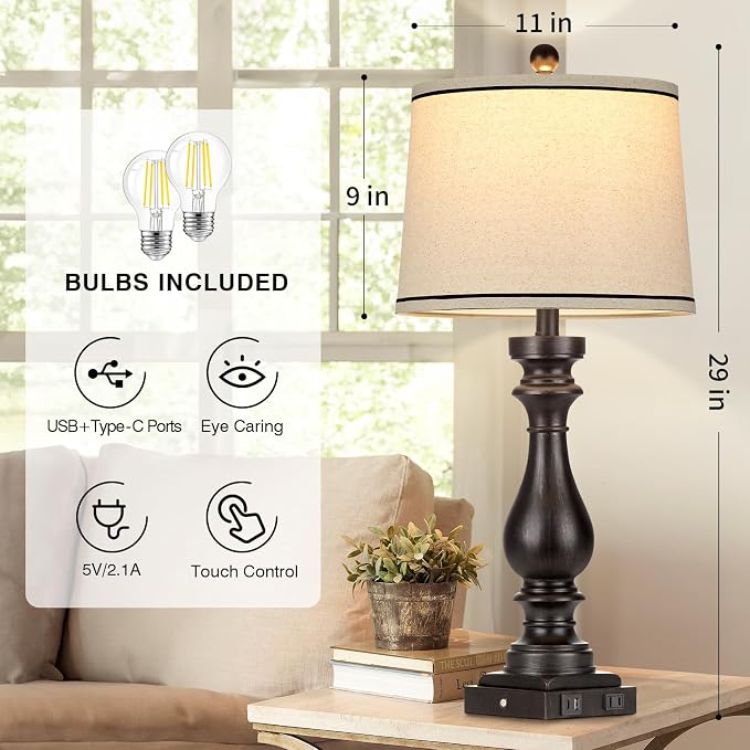 Cinkeda 29" Tall Table Lamp for Living Room Set of 2, Farmhouse Vintage Bedside - Image 3