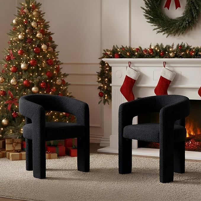 Black Dining Chairs Set of 2, Upholstered Sherpa Barrel Chairs by QUINJAY