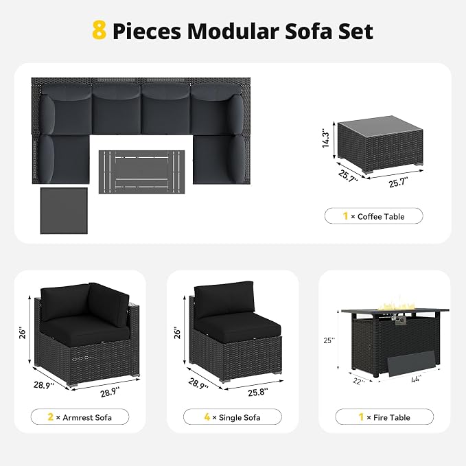 Aoxun Patio Furniture Set with Fire Pit Table, 8 Piece Outdoor Sectional Sofas - Image 7