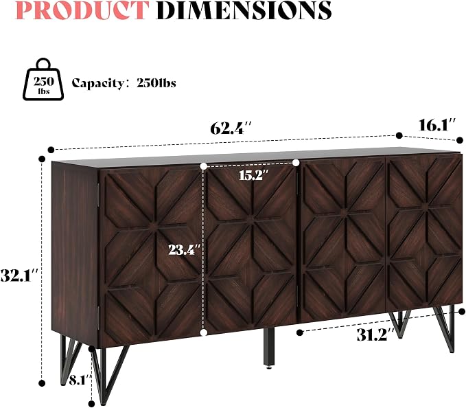 AMERLIFE 63” Solid Acacia Wood Sideboard Buffet Cabinet, Hand-Carved Geometric - Image 2