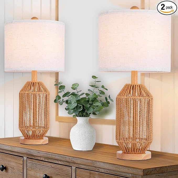 21" Boho Rattan Table Lamps Set of 2, Farmhouse Bedside Nightstand Lamps by COTULIN