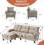 2PCS Sectional Sofa Set with Ottoman, Modern Linen 4 Seater Couch Set with Side - Image 2