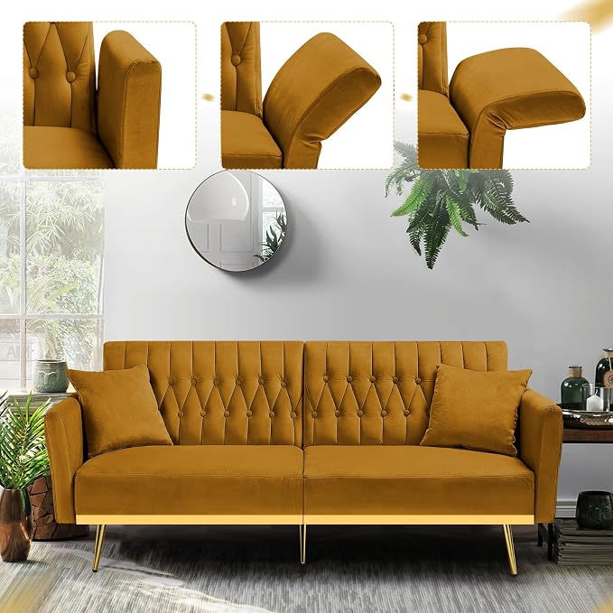 70” Velvet Futon Sofa Bed with 2 Pillows and Adjustable Armrests, Convertible - Image 5