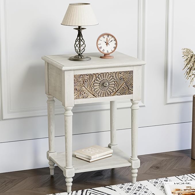 HOMPUS End Table Set of 2 with Drawer and Shelf, Vintage Nightstand Set 2 w - Image 9