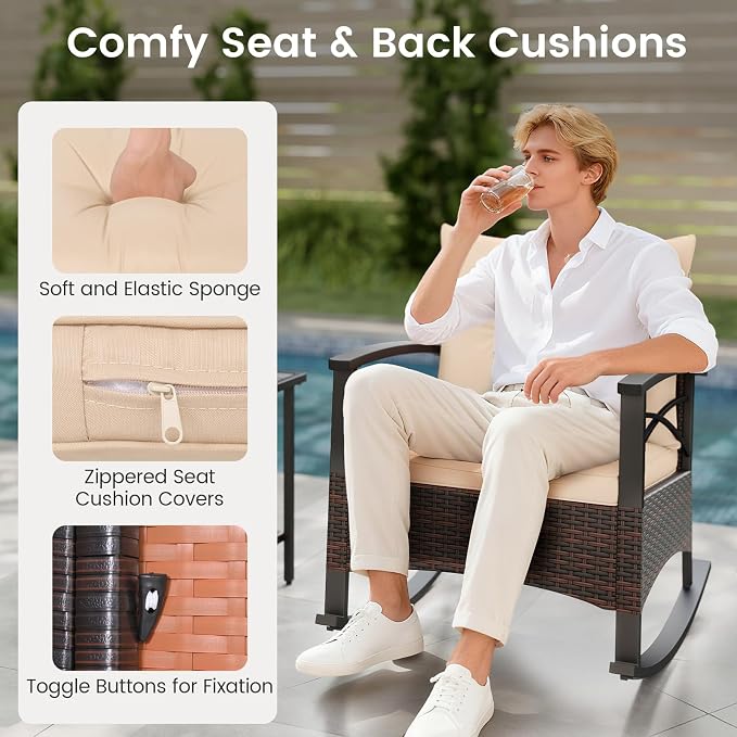 Tangkula 3 Pieces Outdoor Rocking Chairs Set, Rattan Heavy Duty Cushioned - Image 7