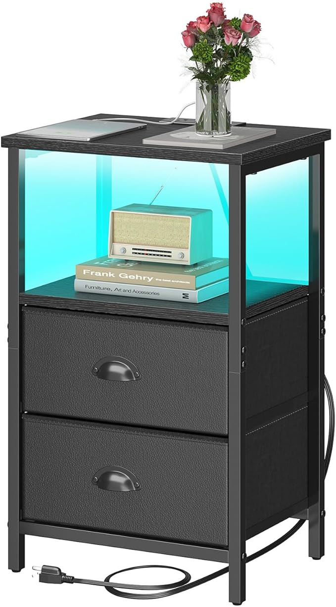 sthmec Nightstand with Charging Station, Night Stand with 2 Fabric Drawers PU by Unknown