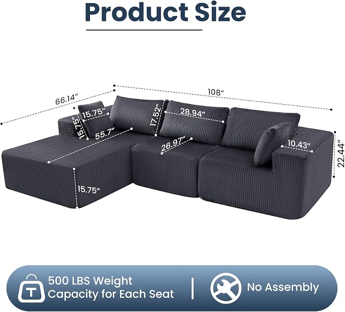 DUMOS 108" Boneless Couch, Cloud Sectional Couch - Image 3