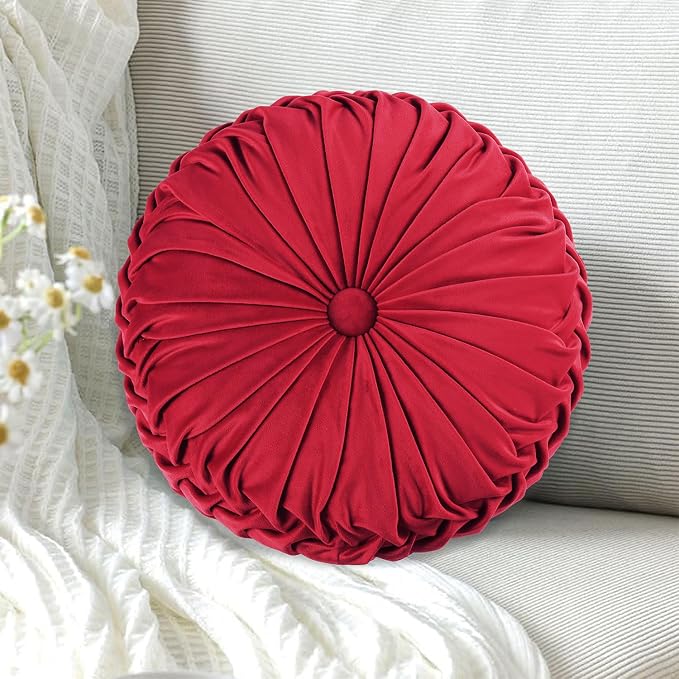 HIG Set of 2 Red Velvet Decorative Round Pleated Throw Pillows | Vintage Floor - Image 2