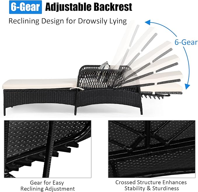 COSTWAY PE Rattan Chaise Lounge Chair Armrest Recliner Adjustable Pillow Black - Image 7
