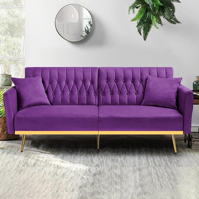 70” Velvet Futon Sofa Bed with 2 Pillows and Adjustable Armrests, Convertible - Image 2
