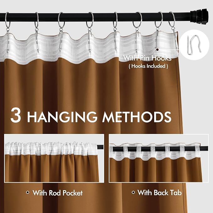 MIULEE Golden Brown Back Tab Blackout Curtains 52x63 Inches Long 2 Panels | Rod - Image 3