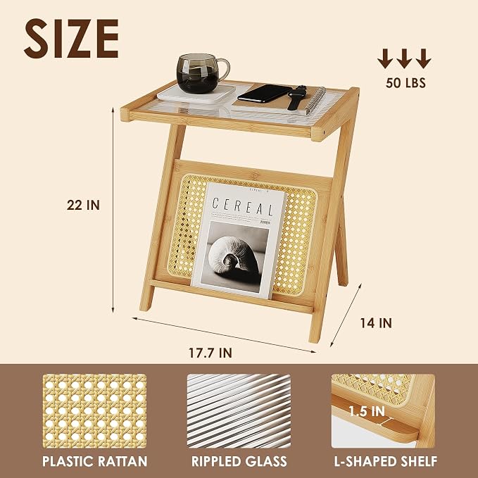 Bamworld Rattan Side Table Boho Night Stand Glass Bedside Small End Tables - Image 2