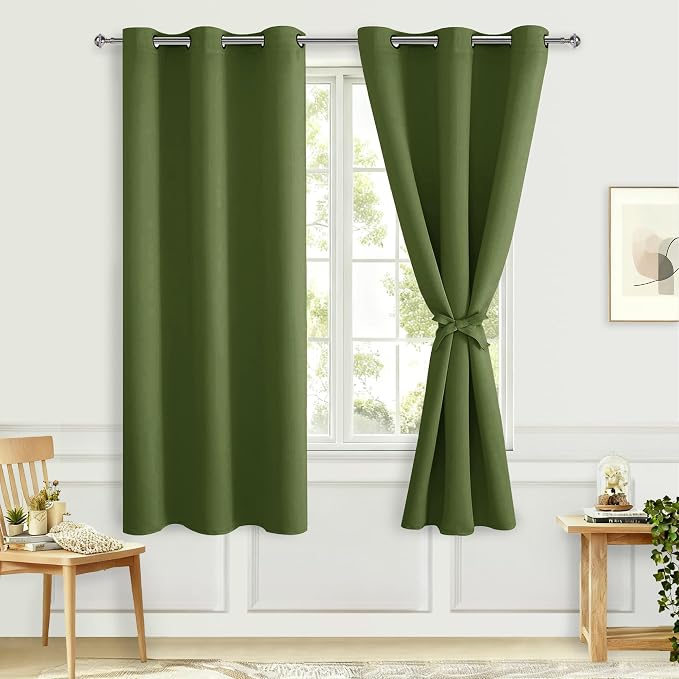 Room Darkening Curtains for Bedroom Olive Green 38x63 Inch 2 Panels | Thermal by Hiasan