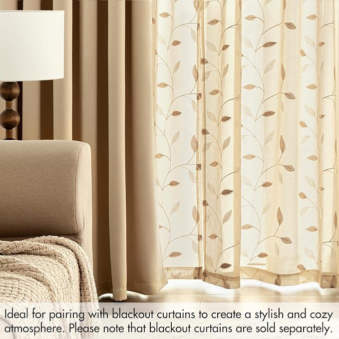 MIULEE Khaki Sheer Curtains 2 Panels Embroidered Leaf Patterned, W52 x L84 | - Image 7