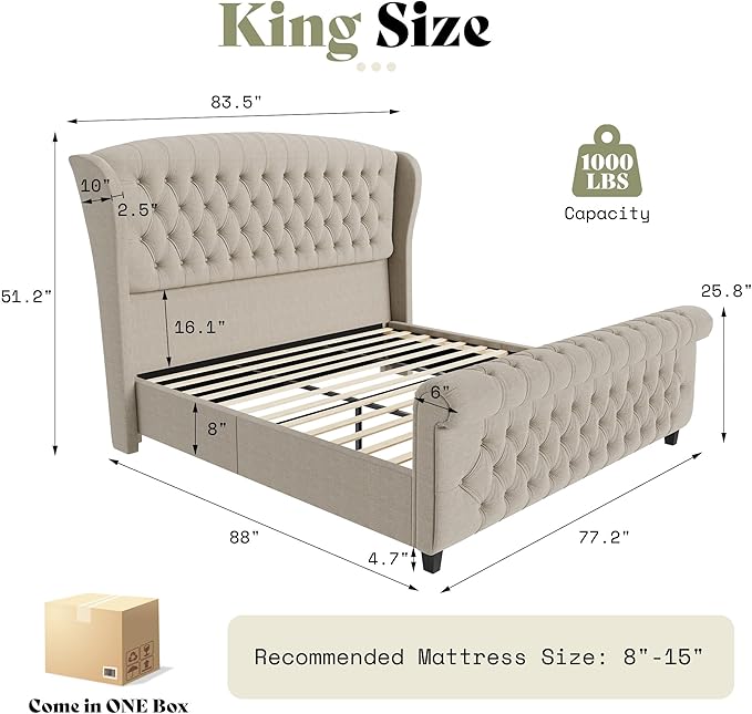 AMERLIFE King Size Platform Bed Frame, Linen Upholstered Sleigh Bed - Image 2