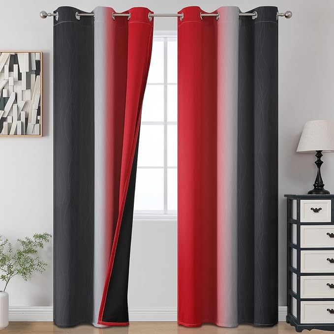 Red and Black Ombre Blackout Bedroom Curtains 84 Inch Long | Room Darkening by ESTELARTEXTILER
