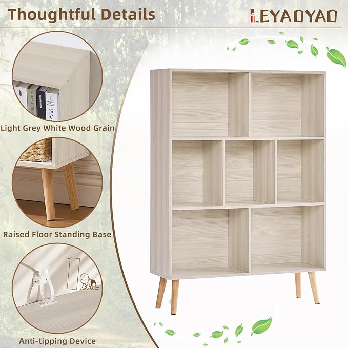 LEYAOYAO Cube Bookshelf 3 Tier Mid-Century Light Grey White Modern Bookcase - Image 4