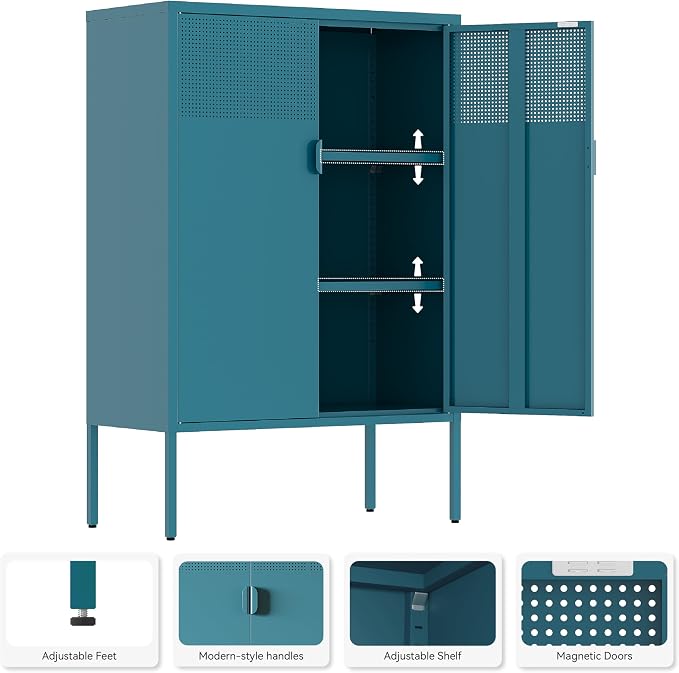 Metal Storage Cabinet, 2 Door TV Stand, Metal Mesh Accent Cabinet, Magnetic - Image 4