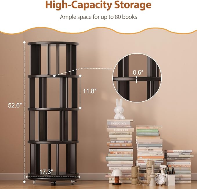 Muwuele Solid Wood Rotating Bookshelf on Wheels, 4 Tier, Round Revolving - Image 2
