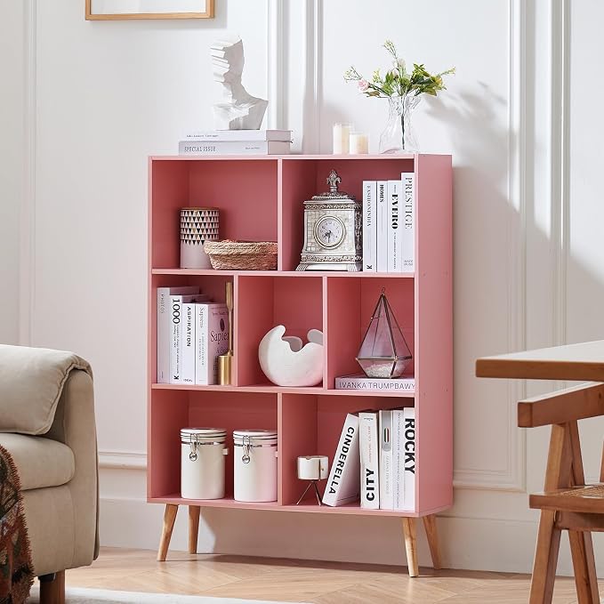 LEYAOYAO Cube Bookshelf 3 Tier Mid-Century Light Pink Modern Bookcase - Image 6