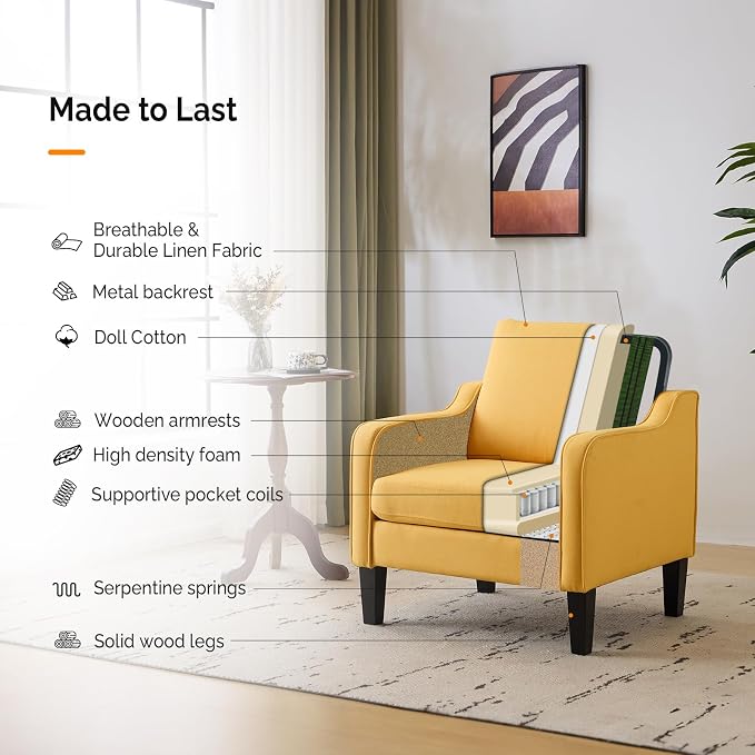 VINGLI Accent Chairs Set of 2 Living Room Chairs Yellow Reading Chair - Image 5