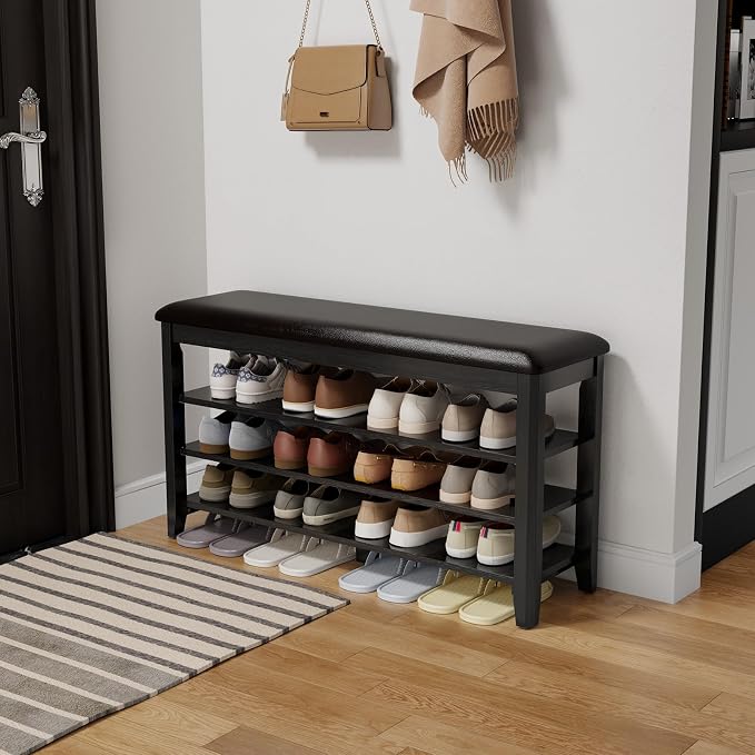 AQIMUELE Shoe Bench with Leather Cushion, 3 Tiers Shoe Storage Bench Height by AQIMUELE