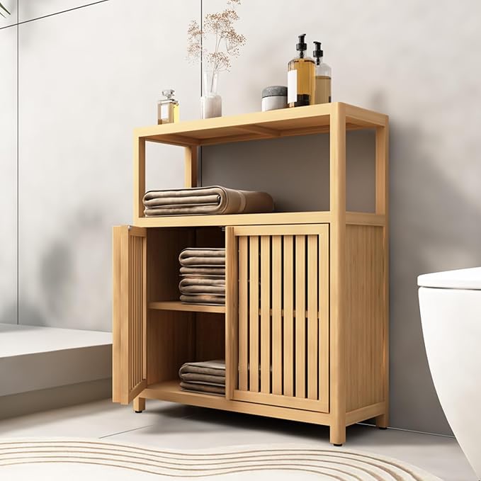 Bamboo Storage Cabinet Bathroom Floor Cabinet Side Storage Organizer Cabinet - Image 7