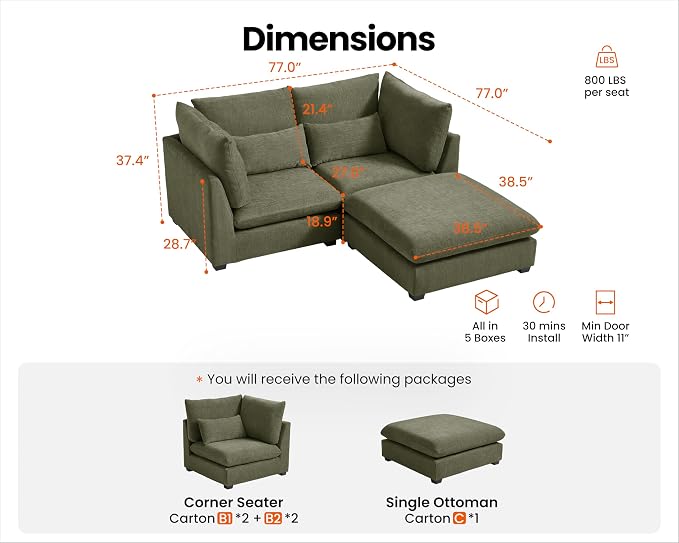 77" Oversized Chenille Couch Modular Sectional Sofa, Washable Cloud Couch - Image 2
