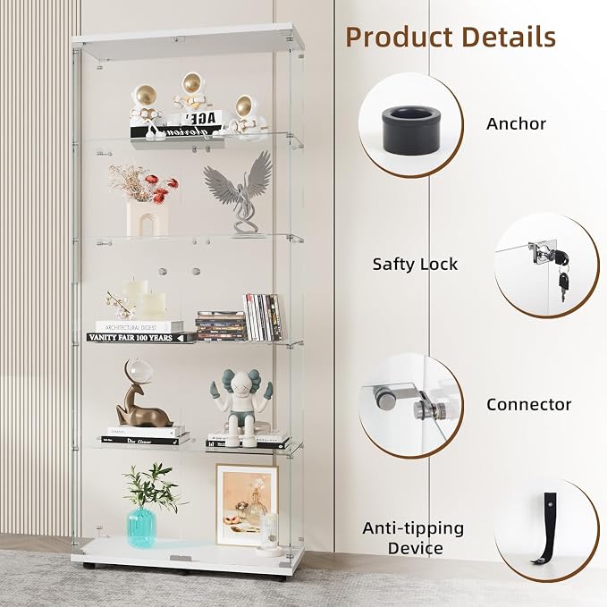 Display Cabinet with Glass Door and Lock, 5-Shelf Curio Cabinets with 5mm - Image 5