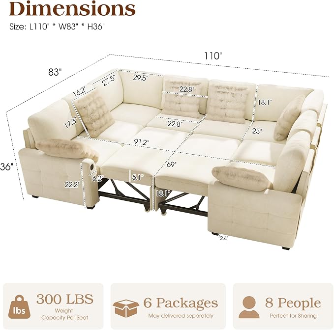 Ihanherry Large U-Shaped Sectional Sofa Bed, 8-Seater Convertible Sleeper - Image 2